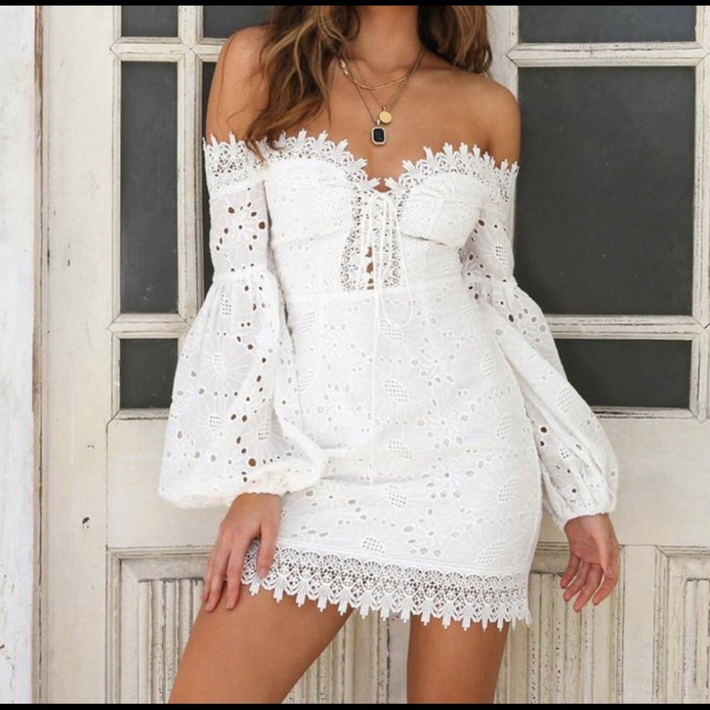 BellanBlue White Lace Off-Shoulder Mini Dress